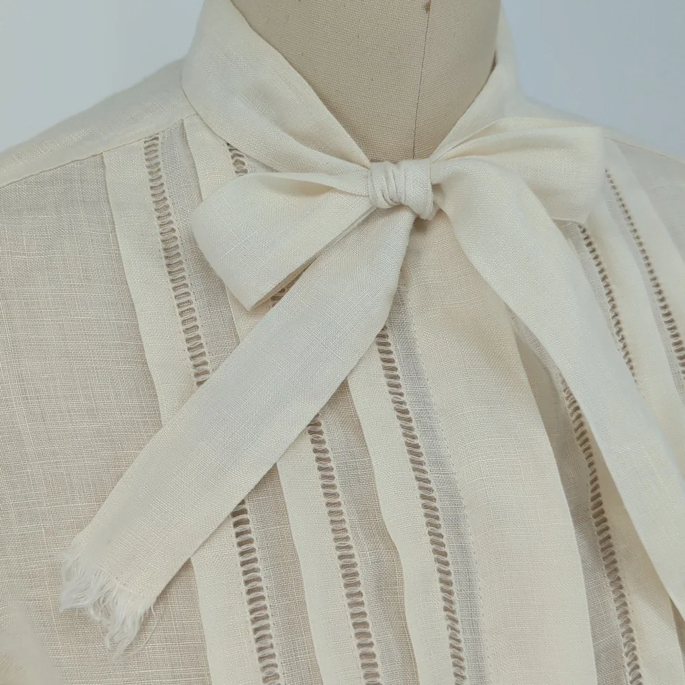 Vintage Pleated Button Down Top Ivory S/M preppy retro Business casual bohemian - Picture 4 of 9